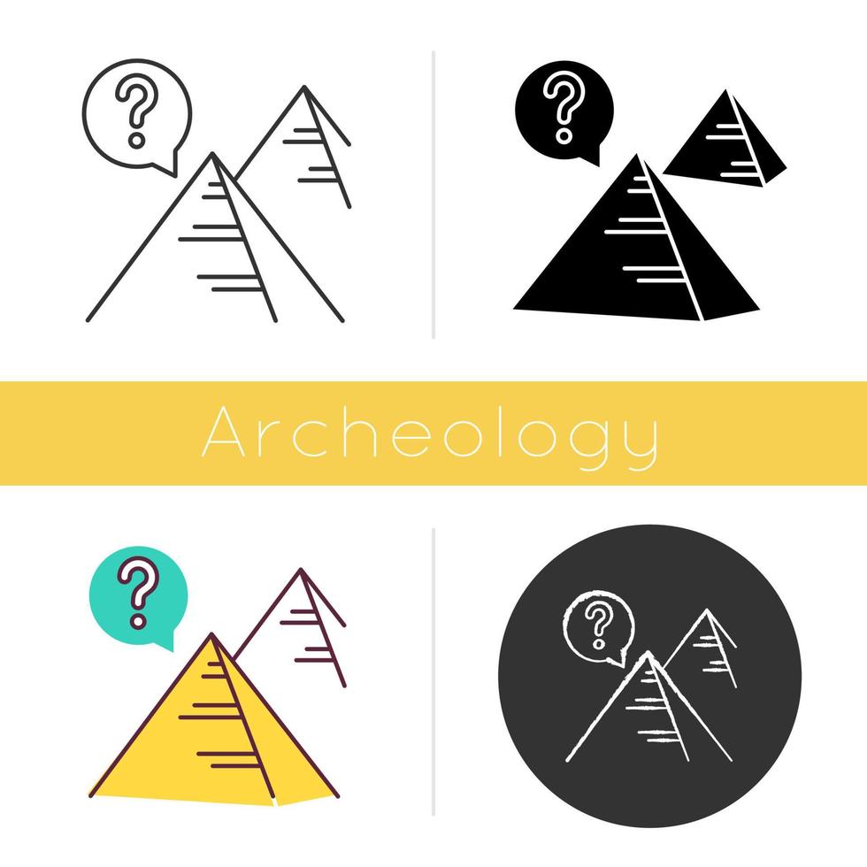 Pyramid mystery icon. Egyptian monument. Historical secrets. Egypt architecture. Ancient tomb. Discover and explore. Archeology. Flat design, linear and color styles. Isolated vector illustrations