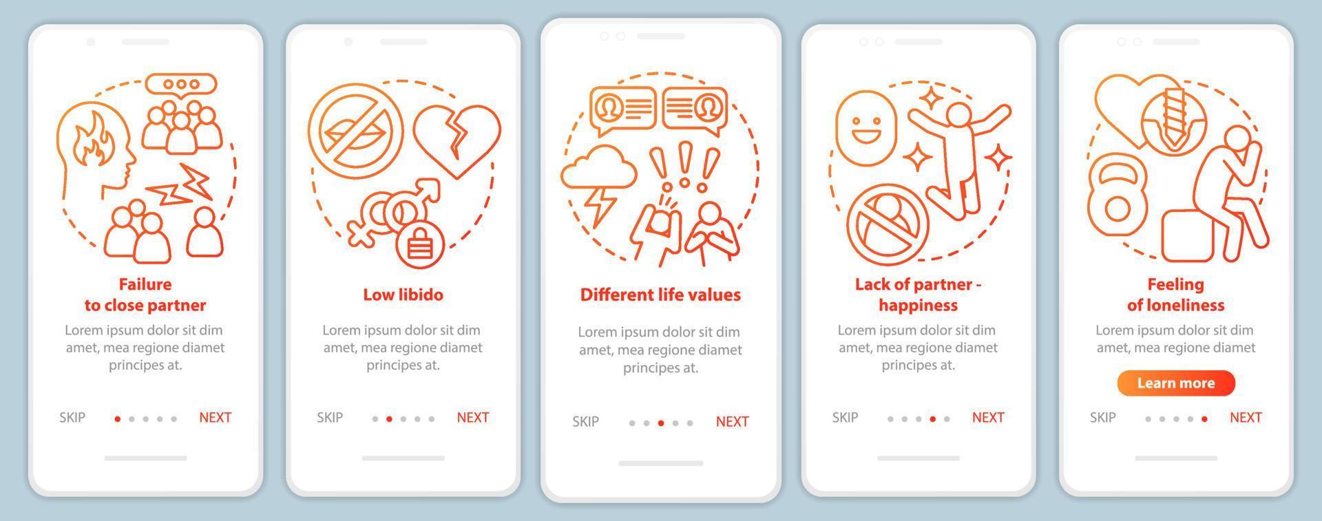 Relationship in trouble signs onboarding mobile app page screen with linear concepts vector