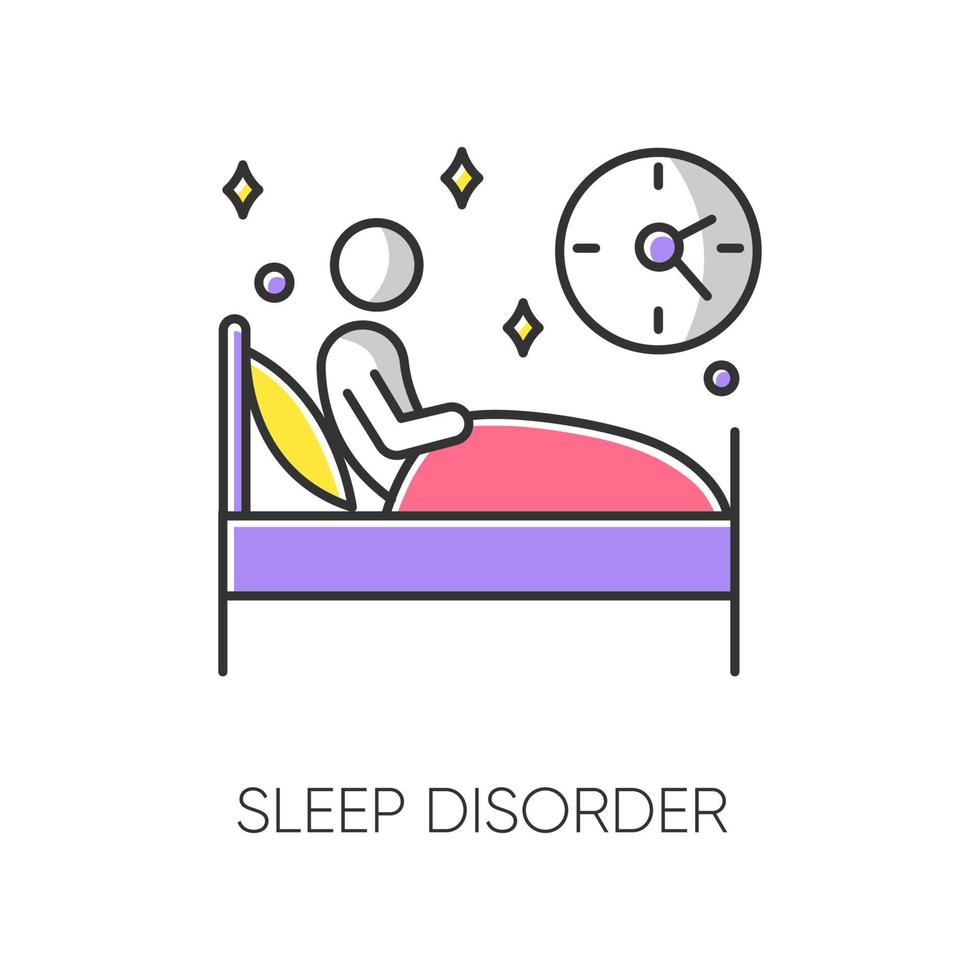 Sleep deprivation color icon. Insomnia. Man alone in bed. Awake at night. Sleeplessness. Disturbed sleep. Nightmare and night terror. Dyssomnia. Mental disorder. Isolated vector illustration