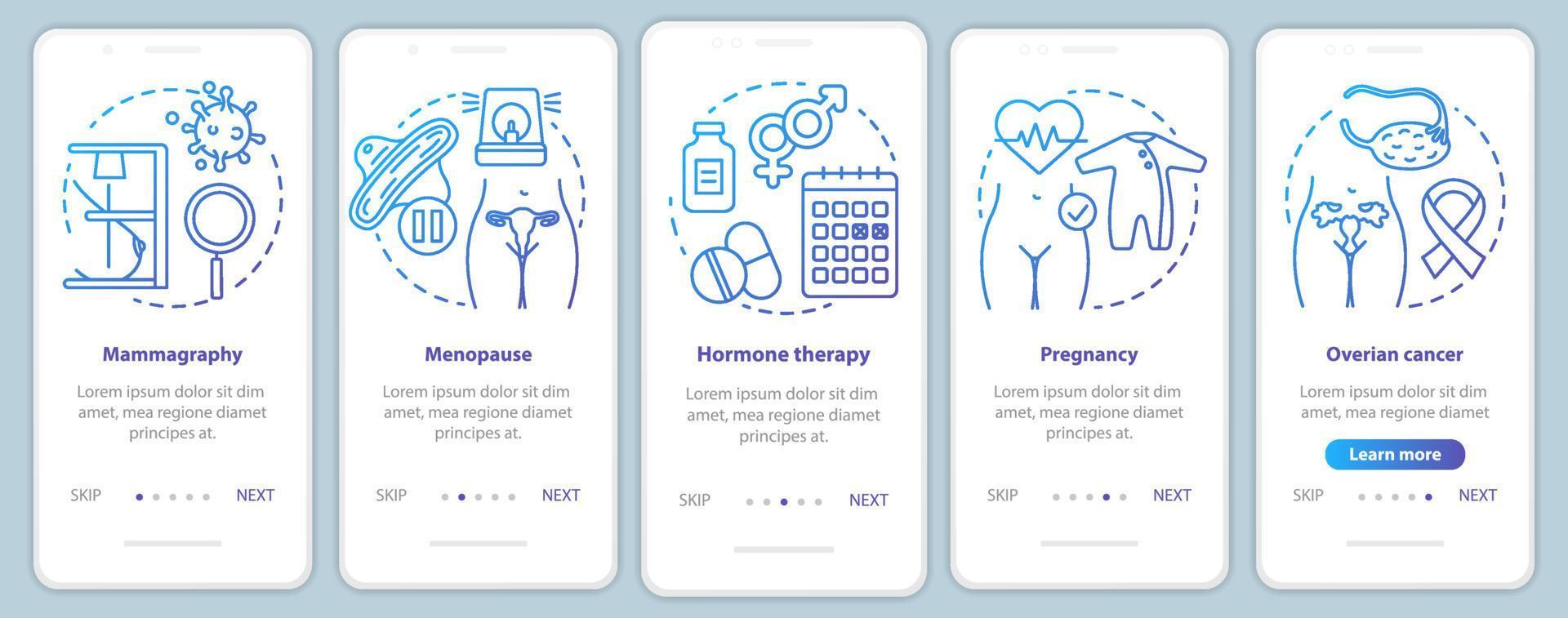 Women healthcare blue onboarding mobile app page screen vector template