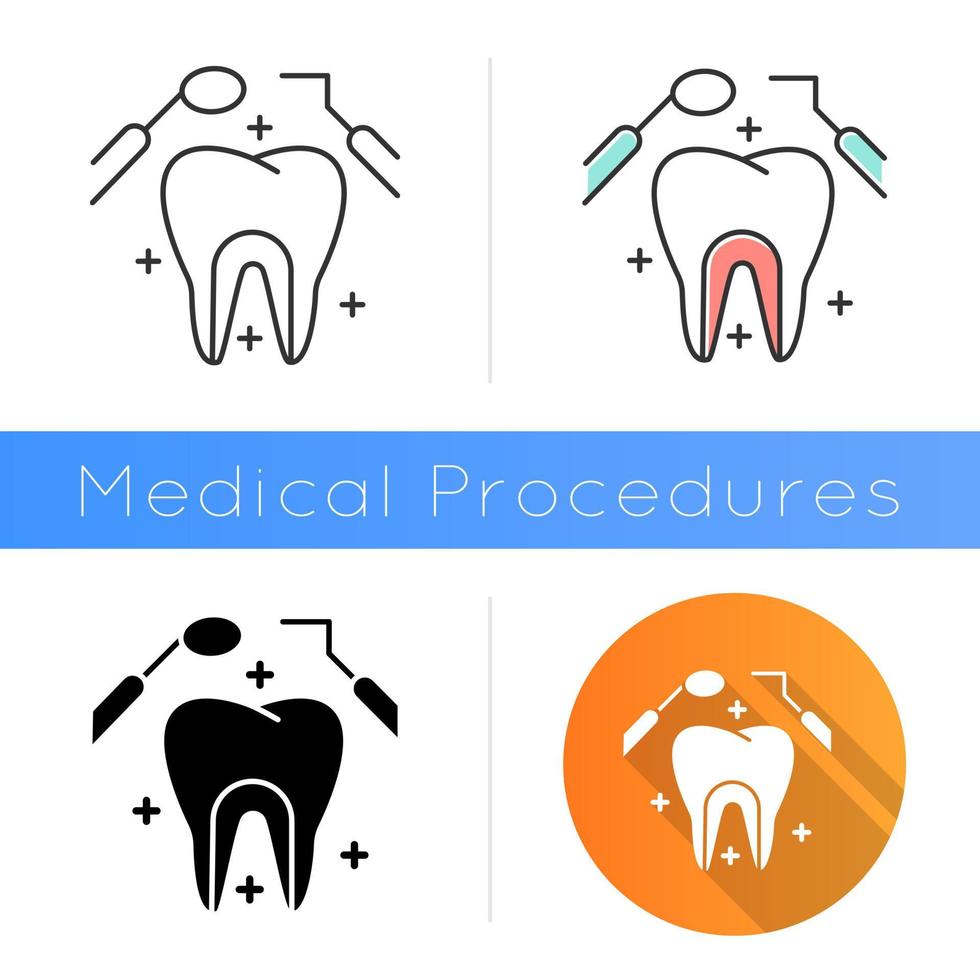 Dental care icon. Medical procedures. Dentistry. Tooth examination. Cavity treatment. Caries prevention. Oral healthcare. Toothache. Flat design, linear and color styles. Isolated vector illustrations