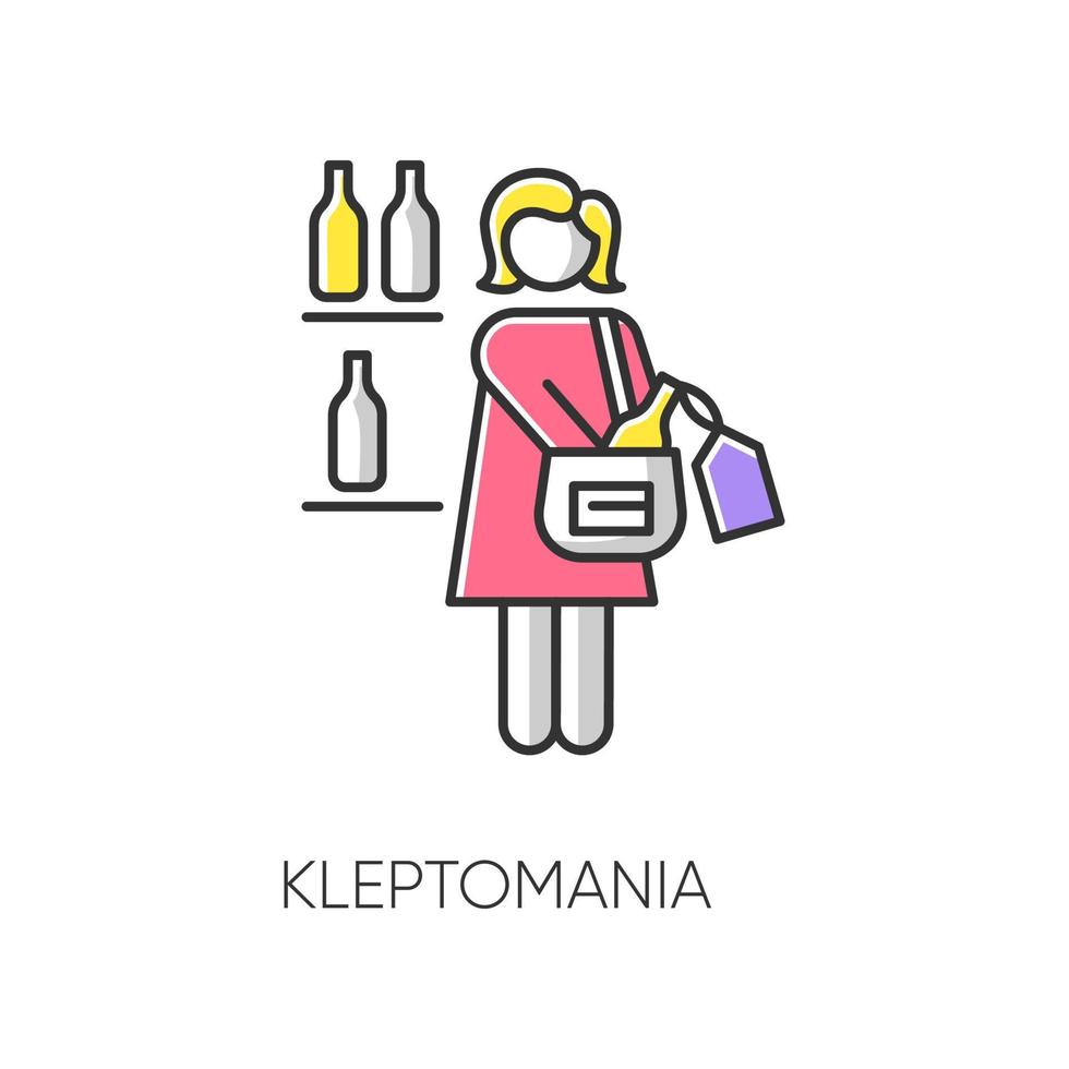 Kleptomania color icon. Woman stealing alcohol. Substance abuse. Obsessive-compulsive spectrum. Mental disorder. Person hiding beverage. Psychiatric issue. Isolated vector illustration