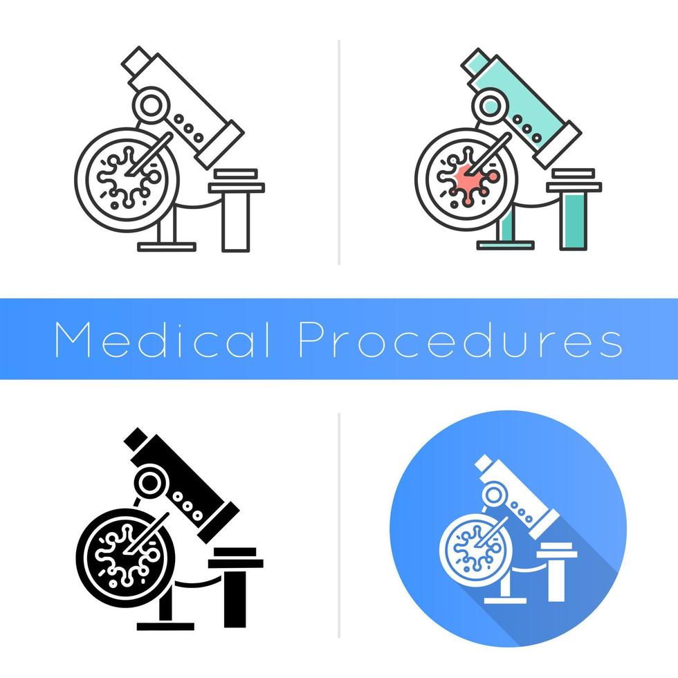 Infection test icon. Medical procedure. Blood culture test. Microscope with sample. Disease examination. Hematology, microbiology. Flat design, linear and color styles. Isolated vector illustrations