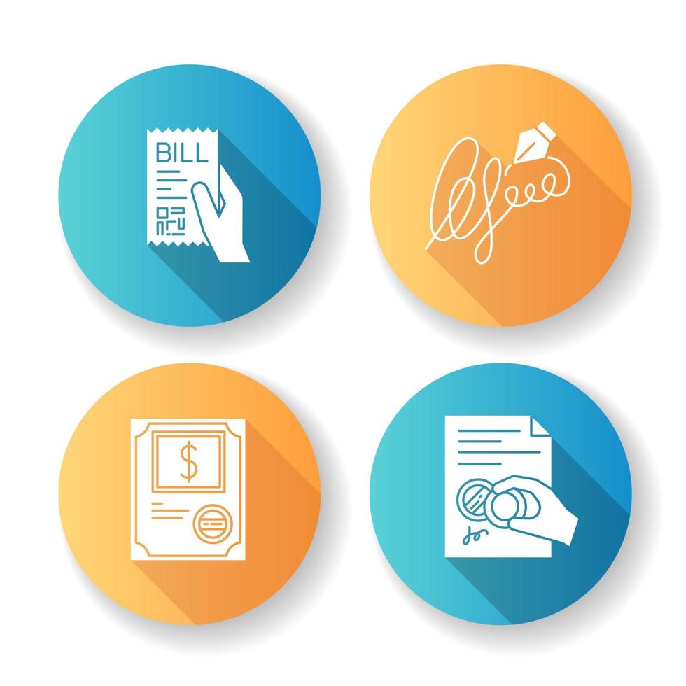 Notary services flat design long shadow glyph icons set vector