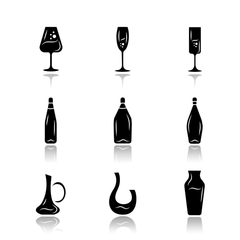 Winery glassware drop shadow black glyph icons set vector