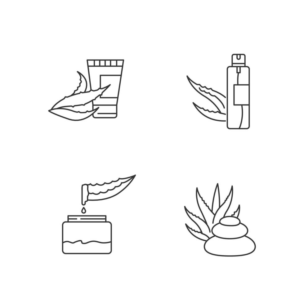 Aloe vera pixel perfect linear icons set. Plant based cream. Hair spray. Cosmetic products. Customizable thin line contour symbols. Isolated vector outline illustrations. Editable stroke
