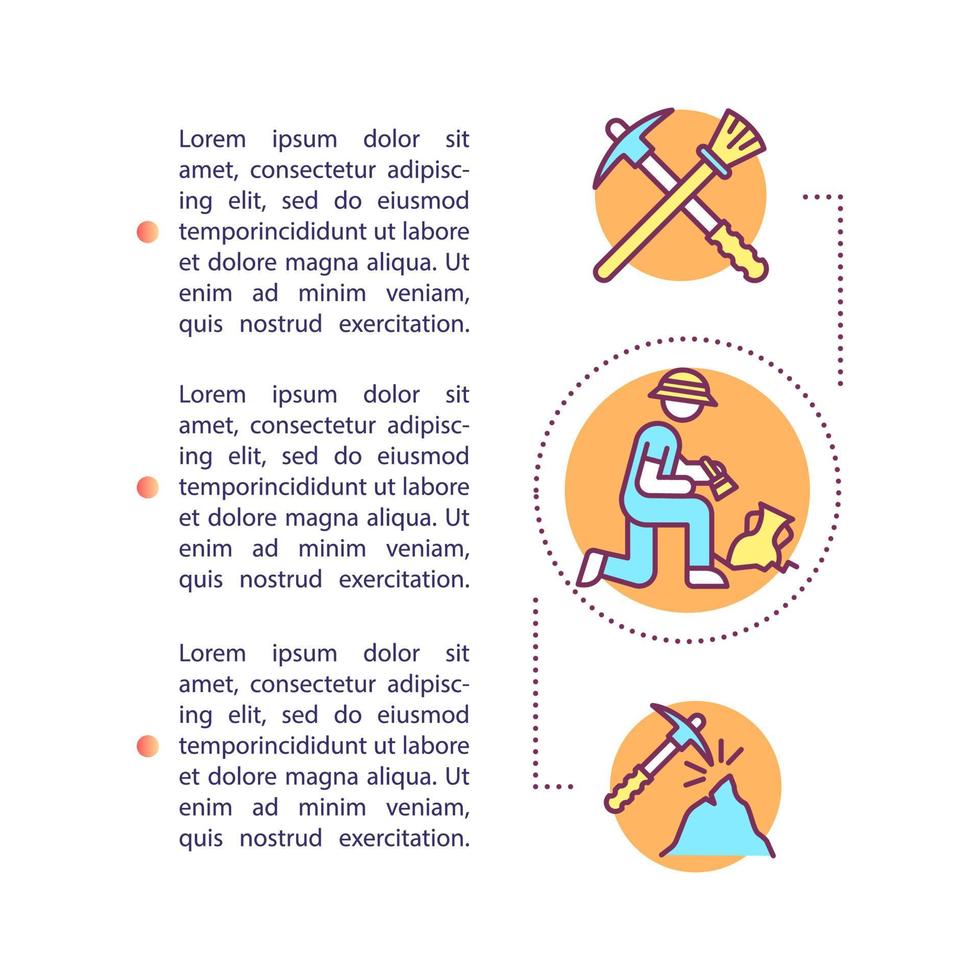 Archeology excavation concept icon with text. Historical research. Field survey, tools, methods. Article page vector template. Brochure, magazine, booklet design element with linear illustrations