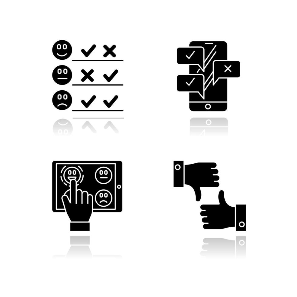 Survey drop shadow black glyph icons set. Pick satisfaction level. Positive, negative feedback. Sad, happy emoticons. Checklist. Online chat. Like, dislike sign. Isolated vector illustrations