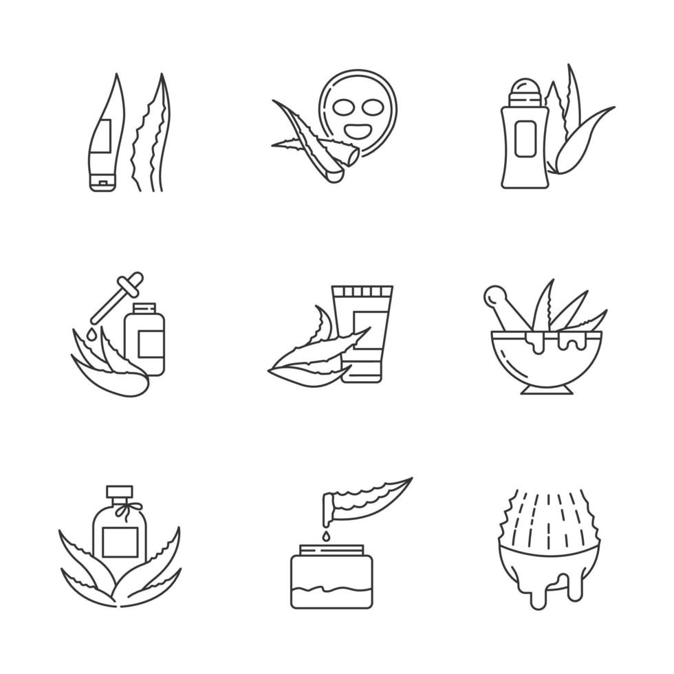 Aloe vera pixel perfect linear icons set. Antiperspirant with medicinal herbs. Oil essence. Cactus juice. Customizable thin line contour symbols. Isolated vector outline illustrations. Editable stroke