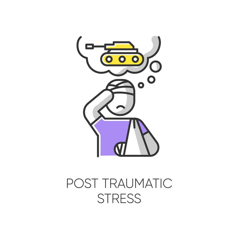 Post-traumatic stress color icon. Veteran with anxiety. Depressed soldier. Loneliness and sorrow. Distress thoughts of war. PTSD psychotherapy. Mental disorder. Isolated vector illustration