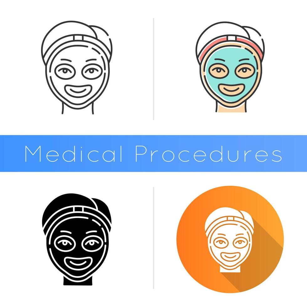 Cosmetology icon. Spa facial treatment. Medical procedure. Face female mask for rejuvenation. Skincare and healthcare. Beauty salon. Flat design, linear and color styles. Isolated vector illustrations