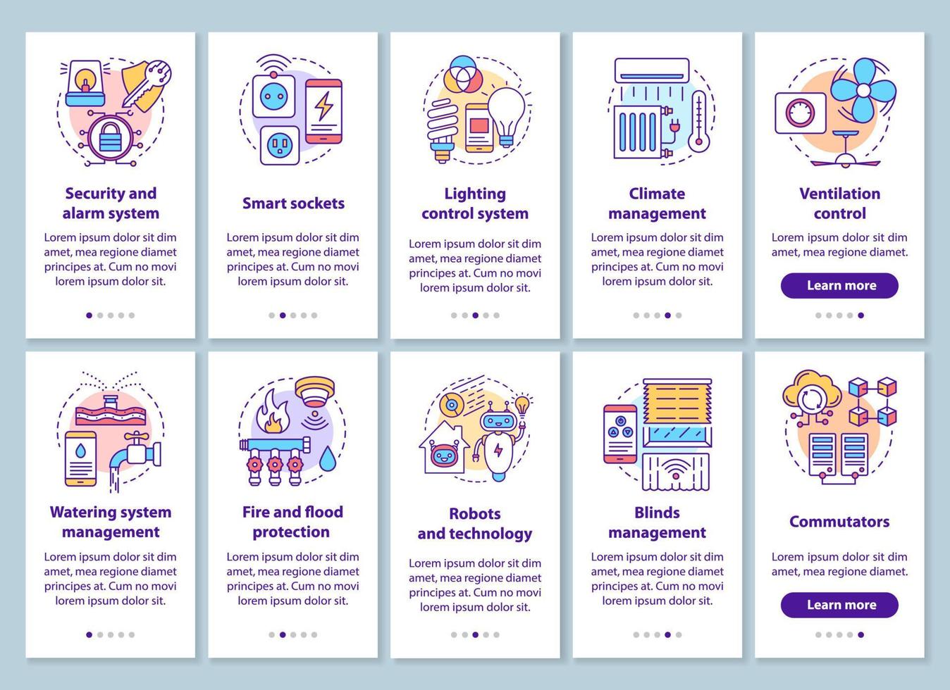 Smart house onboarding mobile app page screen with linear concepts set. Modern home automation systems walkthrough steps graphic instructions. UX, UI, GUI vector template with illustrations