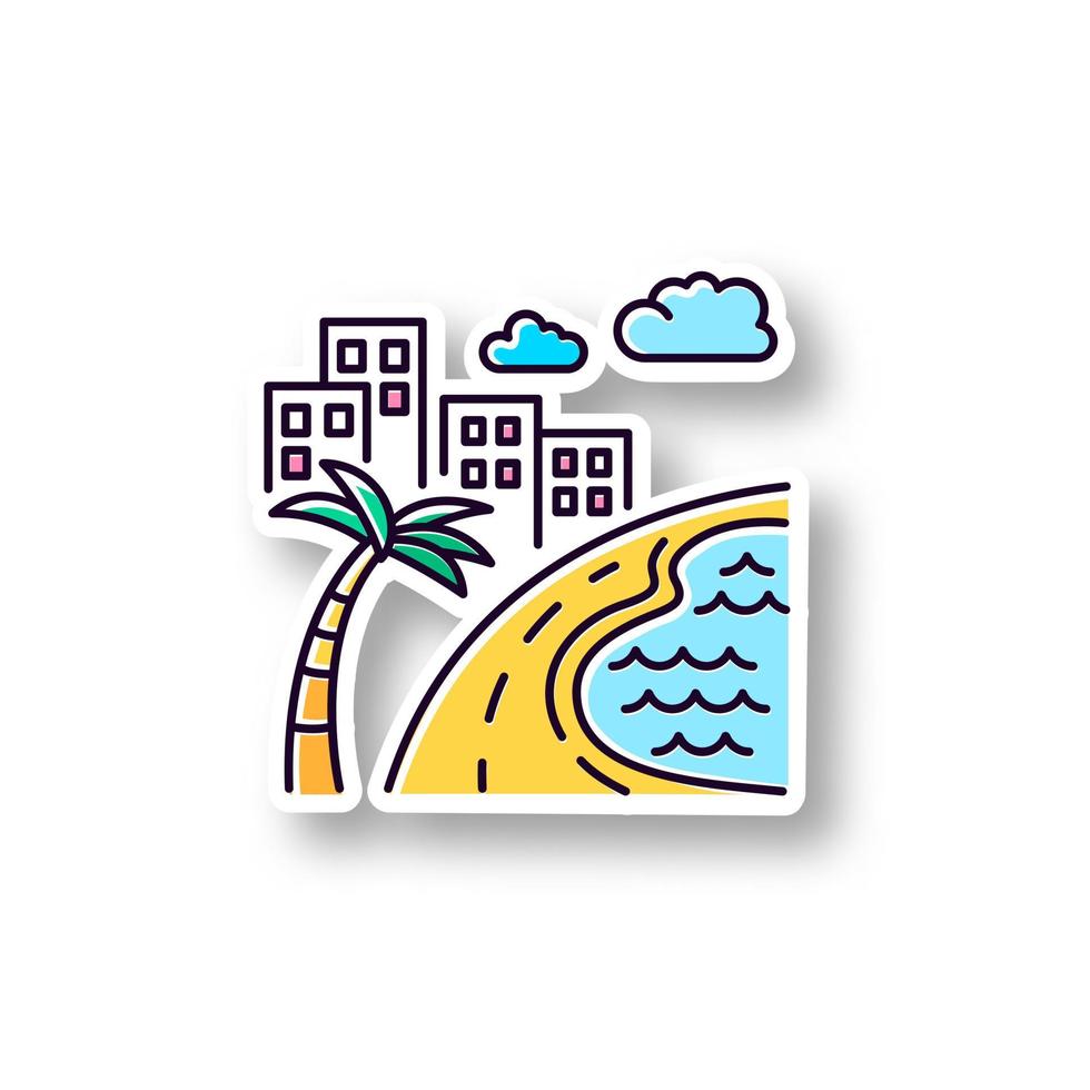 Brazil ocean beach patch. RGB color printable sticker. Skyscrapers and pond. Buildings. Road along coast with palm. San Paulo. Rio de Janeiro. Vector isolated illustration