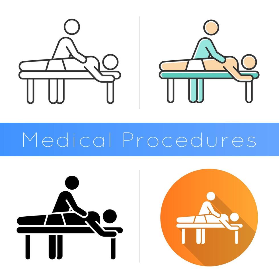 Massage icon. Spa center services. Professional medical procedure. Back pain relief. Healthcare. Physical treatment. Injury healing. Flat design, linear and color styles. Isolated vector illustrations