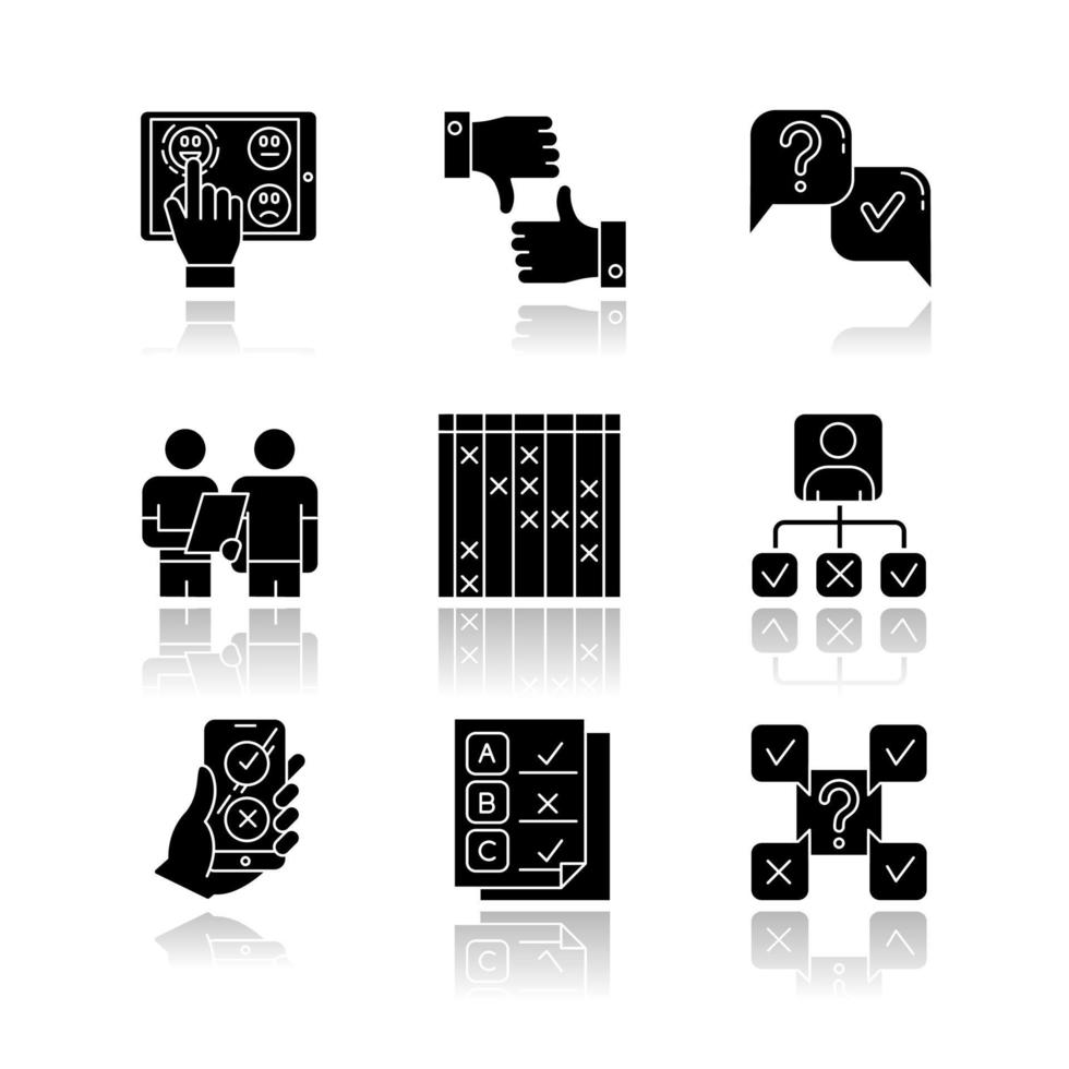 Survey drop shadow black glyph icons set. Choose satisfaction level. Online feedback. Like and dislike. Question and answer. Interview. Personal profile. Test checklist. Isolated vector illustrations