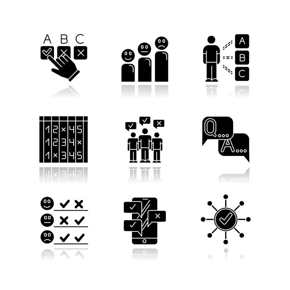 Survey drop shadow black glyph icons set. Choosing checkbox. Correct, wrong answer. Satisfaction level. Positive, negative feedback. Mass survey. Online poll. FAQ sign. Isolated vector illustrations