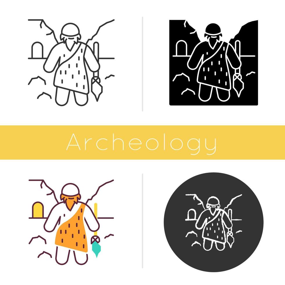 Caveman icon. Prehistoric man with beard. Primeval hunter with spear. Neanderthal in old age. Ancestor standing with weapon. Flat design, linear and color styles. Isolated vector illustrations