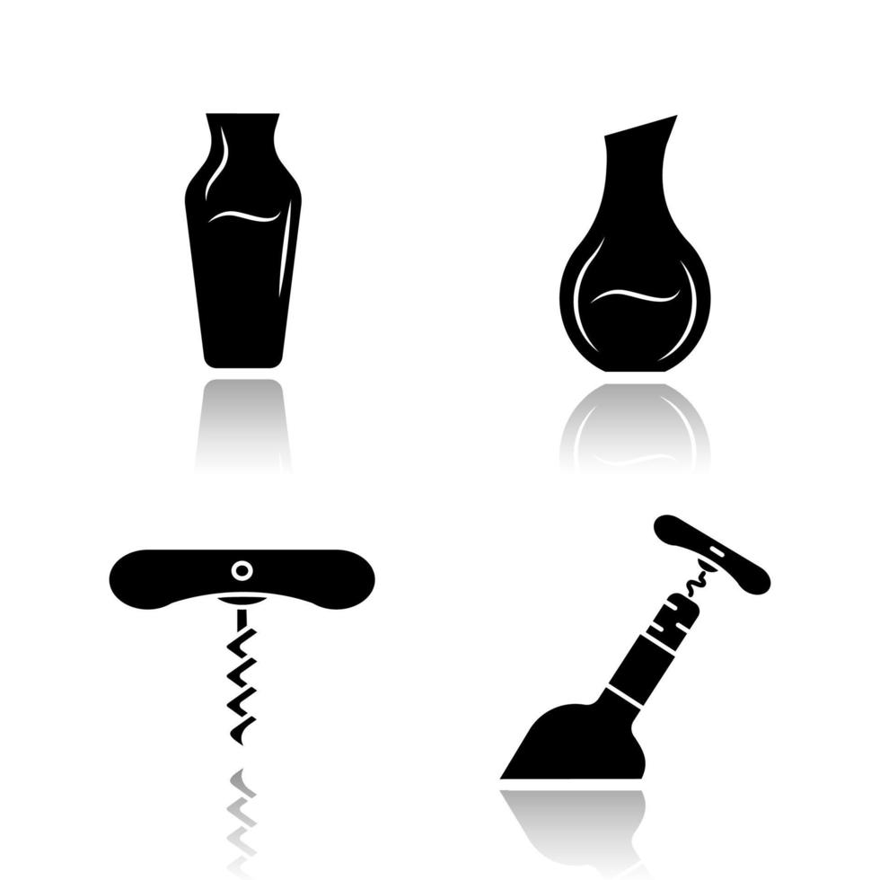 Wine drop shadow black glyph icons set vector