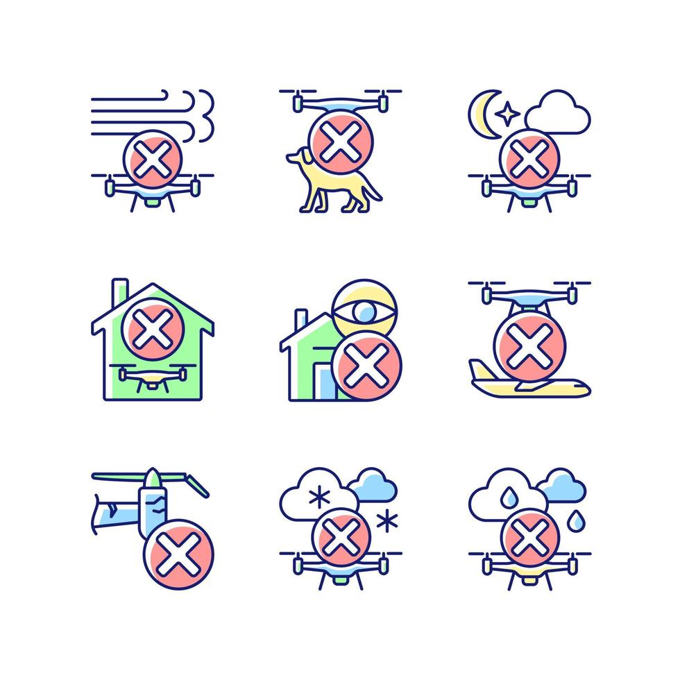 Drone restrictions RGB color manual label icons set vector