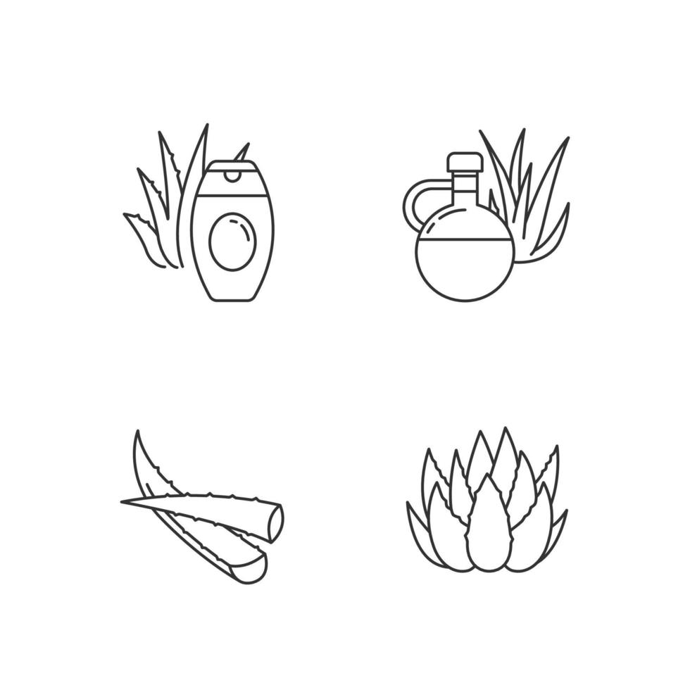 Aloe vera pixel perfect linear icons set. Botanical sprouts. Medicinal herb. Healthy skincare. Customizable thin line contour symbols. Isolated vector outline illustrations. Editable stroke