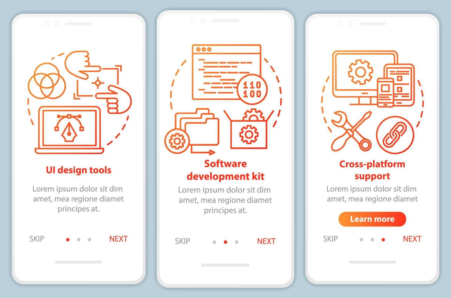 Software development onboarding mobile app page screen vector template