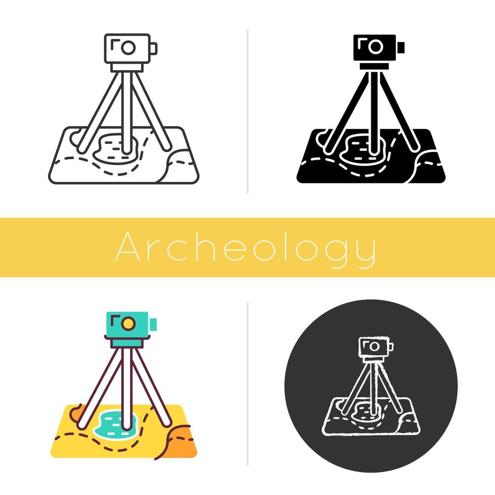 Field survey icon. Research equipment. Archeological exam. Digital tool on map. Geological inspection. Topographic data gathering. Flat design, linear and color styles. Isolated vector illustrations