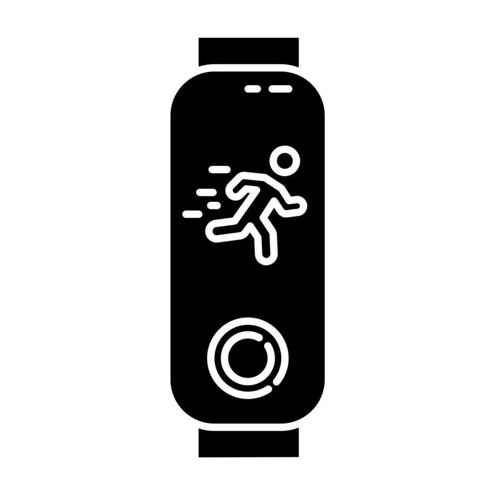 Fitness tracker with running man silhouette on display glyph icon. Wellness gadget monitoring fast movement. Active lifestyle device. Silhouette symbol. Negative space. Vector isolated illustration