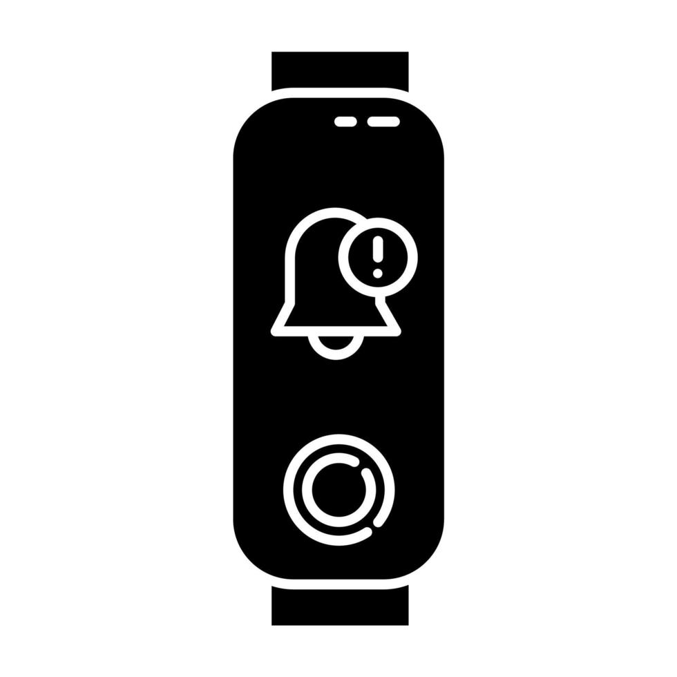 Fitness tracker with notification sign on display glyph icon. Bell symbol with exclamation mark. Healthy lifestyle gadget with reminder. Silhouette symbol. Negative space. Vector isolated illustration