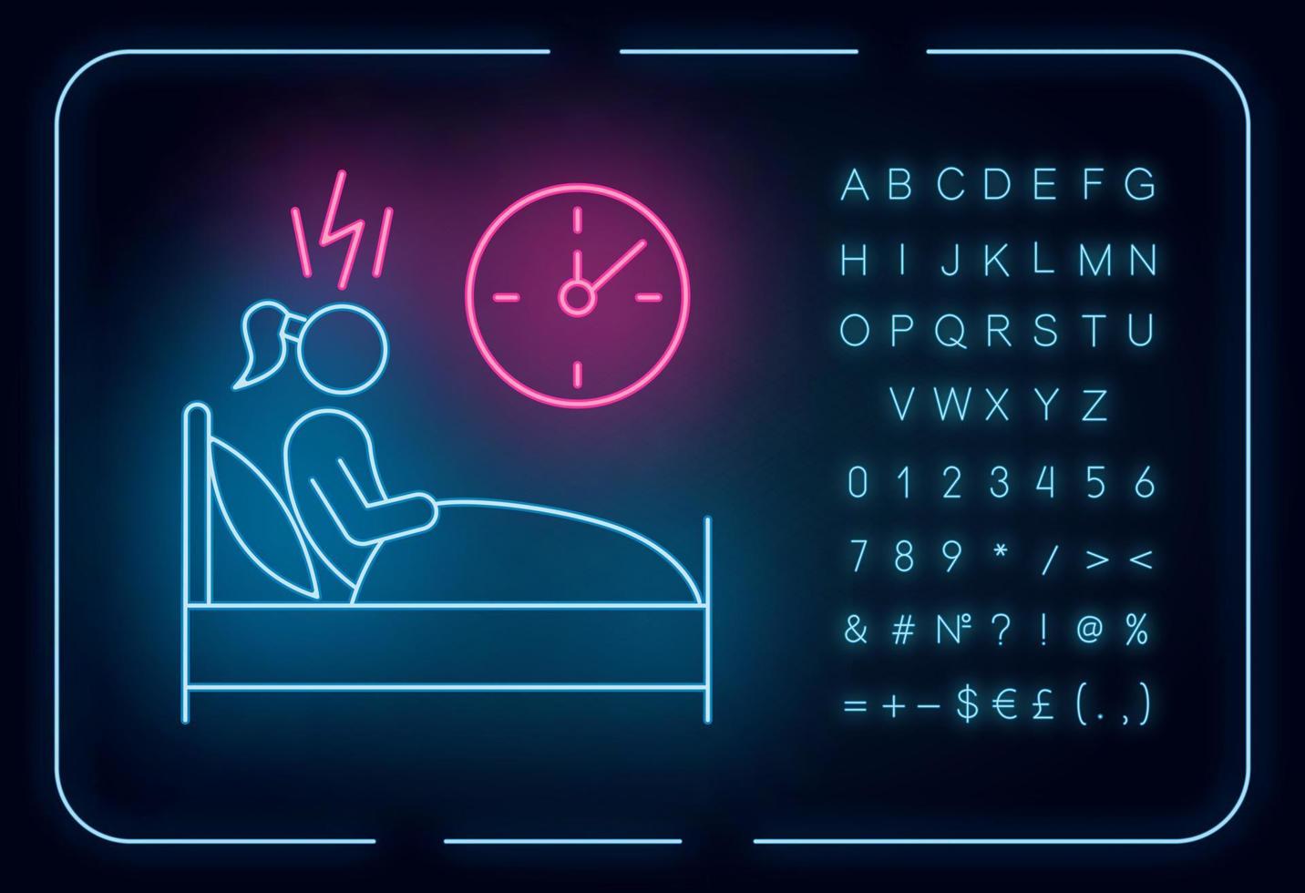 Change in sleep pattern neon light icon. Insomnia. Troubled woman. Stress and anxiety. Person awake. Sleep deprivation. Glowing sign with alphabet, numbers and symbols. Vector isolated illustration