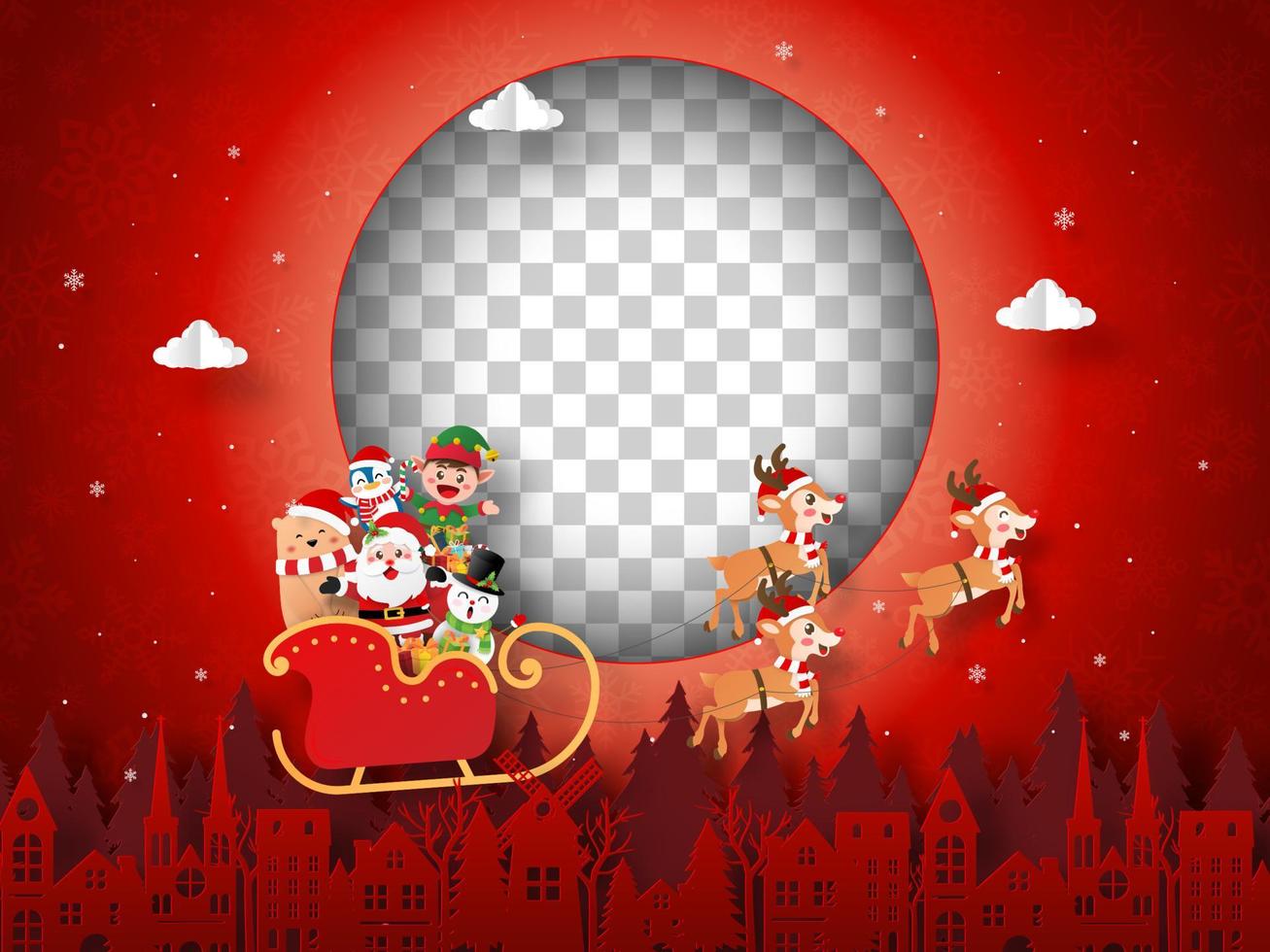 Christmas postcard of Santa Claus and friends on a sleigh with blank photo frame vector