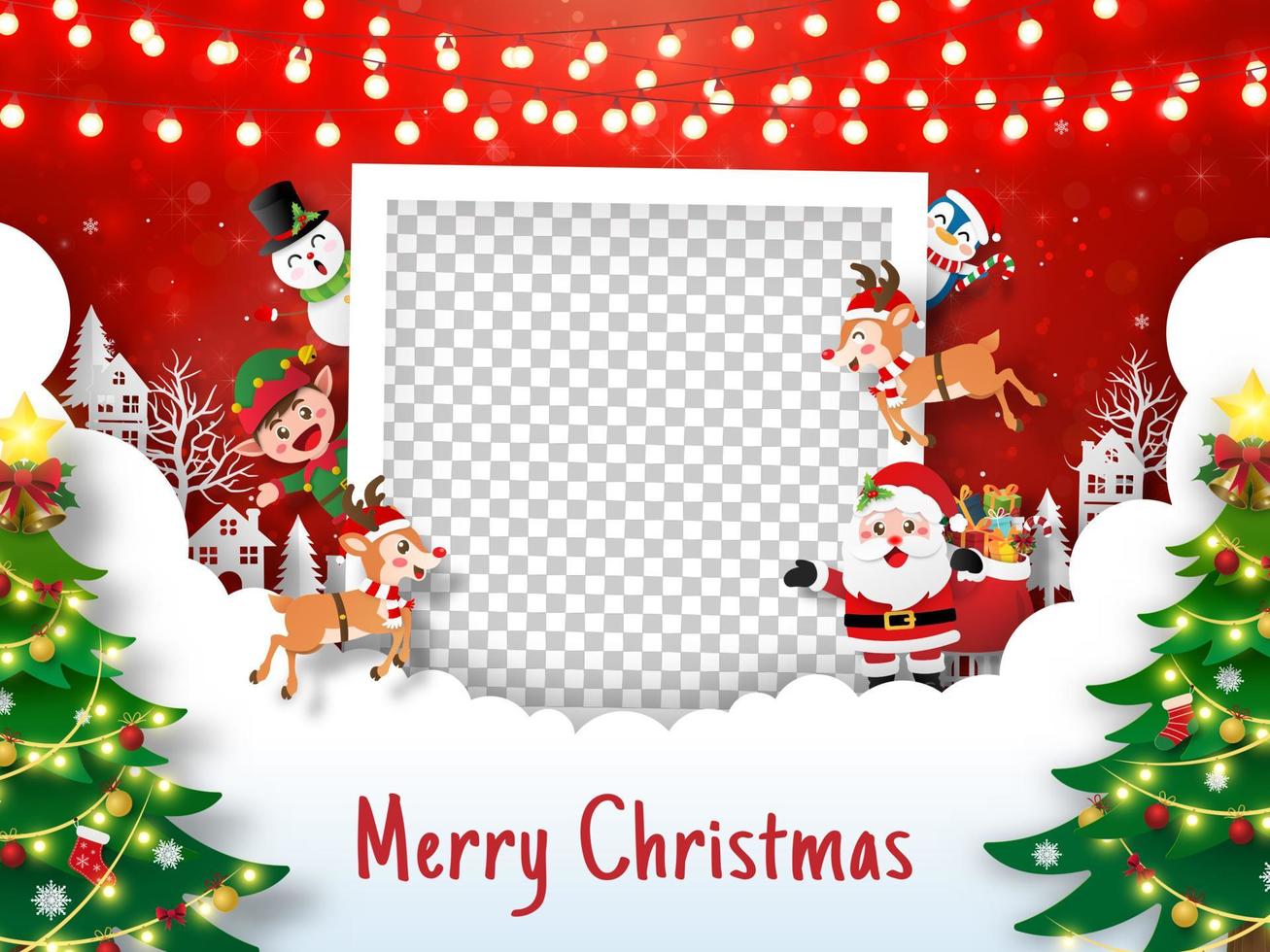 feliz navidad y próspero año nuevo, postal navideña de marco de fotos con santa claus y amigos, estilo de arte en papel vector