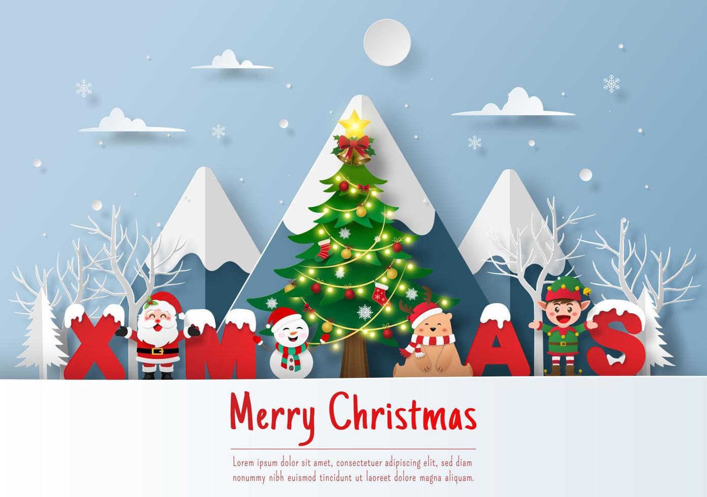 postal de navidad, santa claus y amigo con palabra navidad, feliz navidad y próspero año nuevo vector