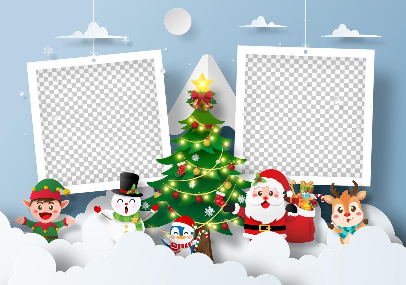 Santa Claus and friend at the snow mountain with blank photo frame vector