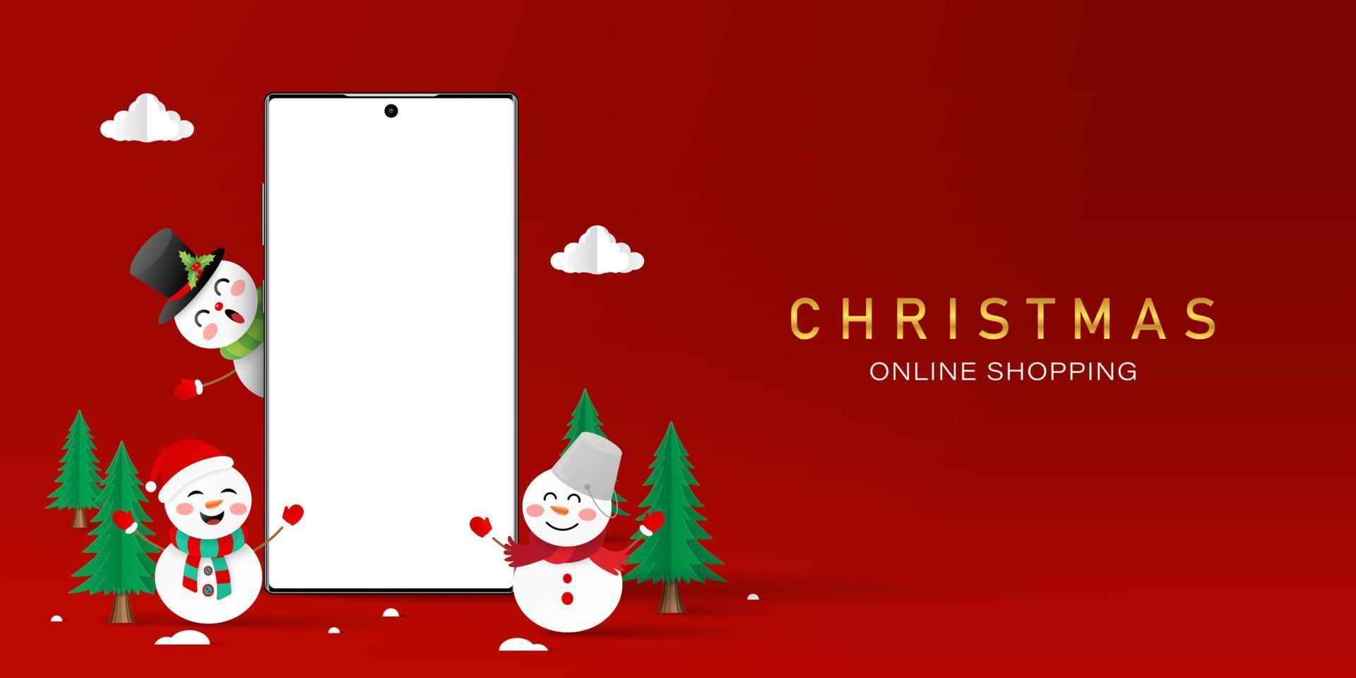 Christmas shopping online on smartphone concept, Blank screen smartphone with Snowman, Merry Christmas vector