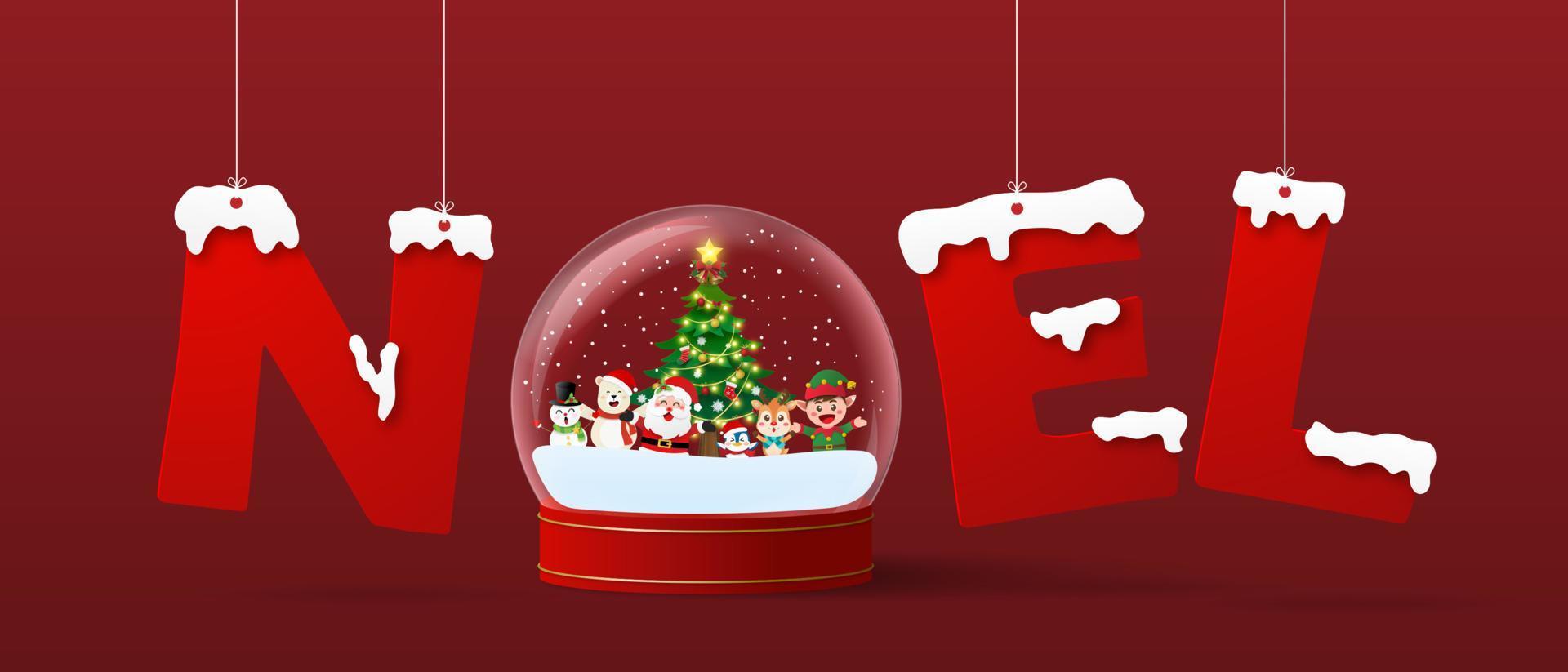 Santa Claus and friend in a snow globe with NOEL hanging word, Merry Christmas vector