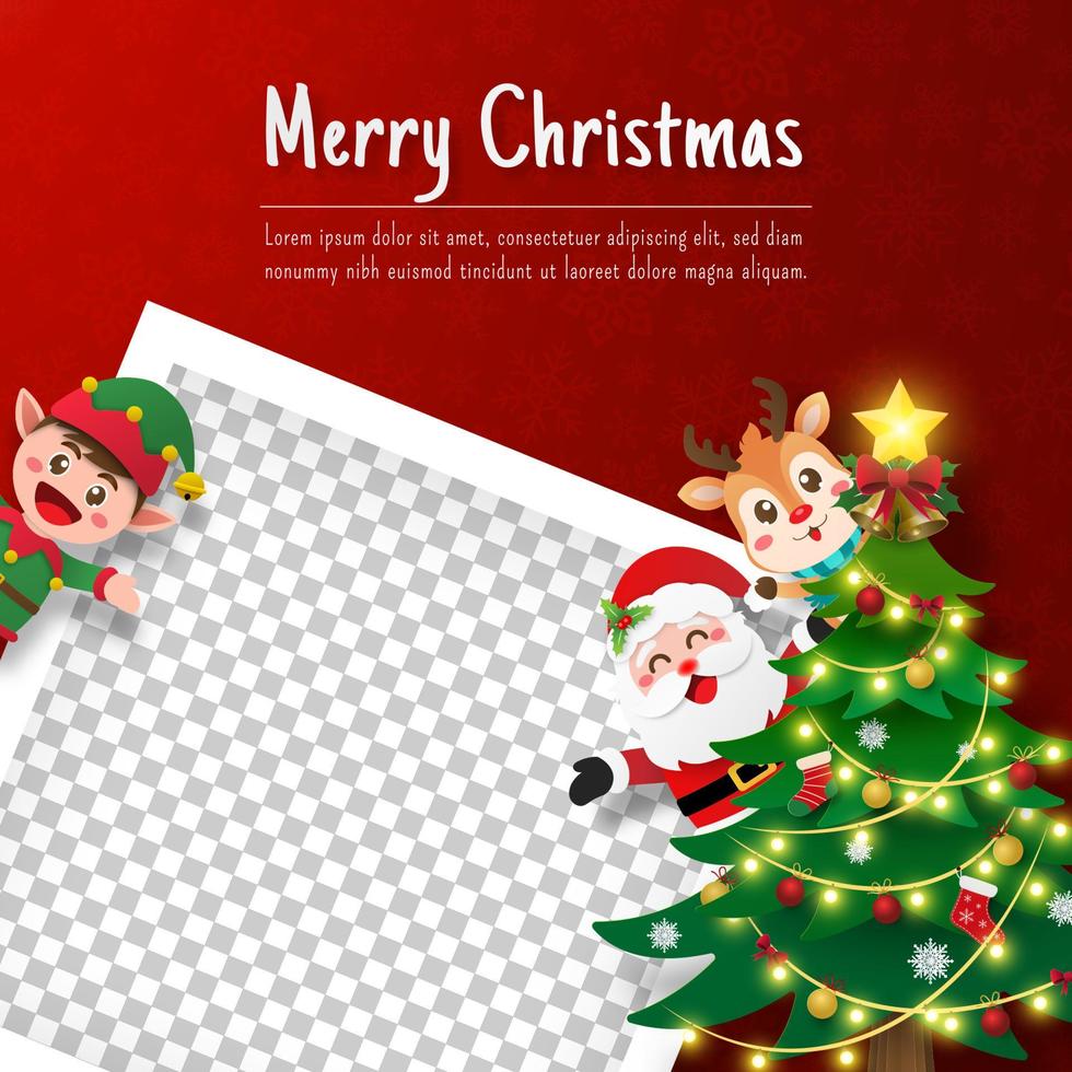 marco de fotos de navidad con santa claus y amigo, ilustración de corte de papel vector