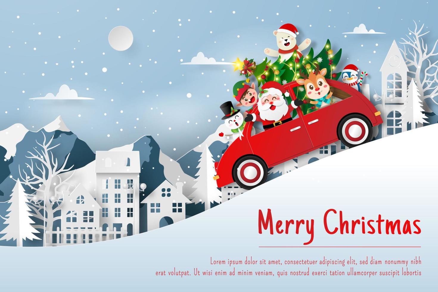 postal de navidad de santa claus y amigo en coche de navidad en el pueblo vector