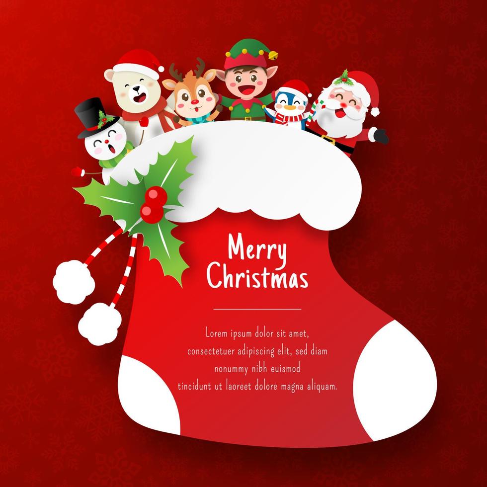 Christmas postcard of Santa Claus and friend in Christmas sock vector