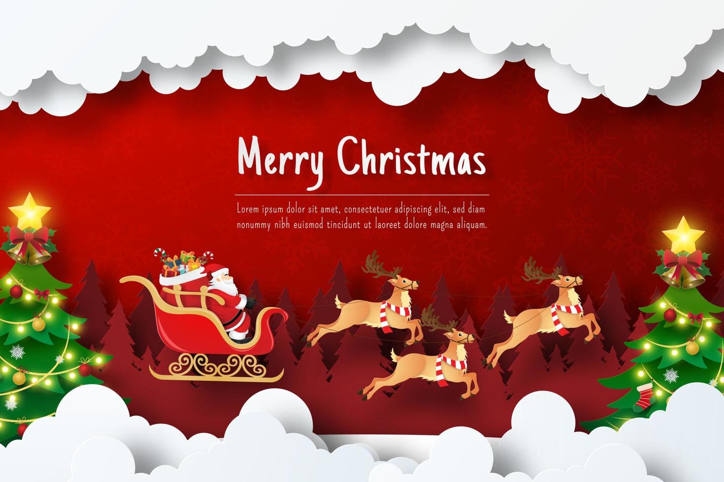 Christmas postcard of Santa Claus on a sleigh in pine forest, Paper cut illustration vector