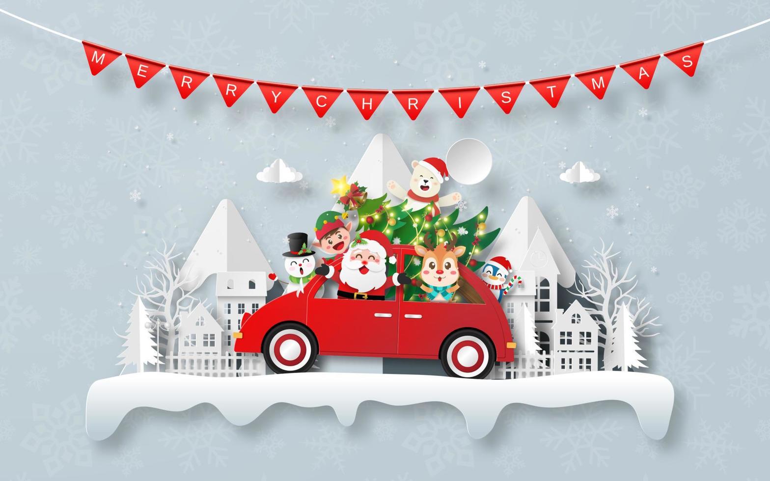 Christmas postcard with Xmas car in the village vector
