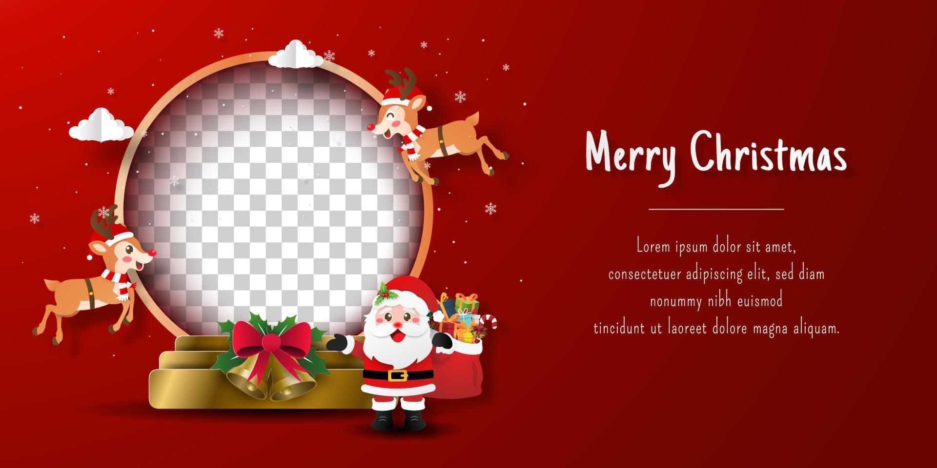 Christmas postcard banner of Santa Claus and reindeer with blank snow globe vector