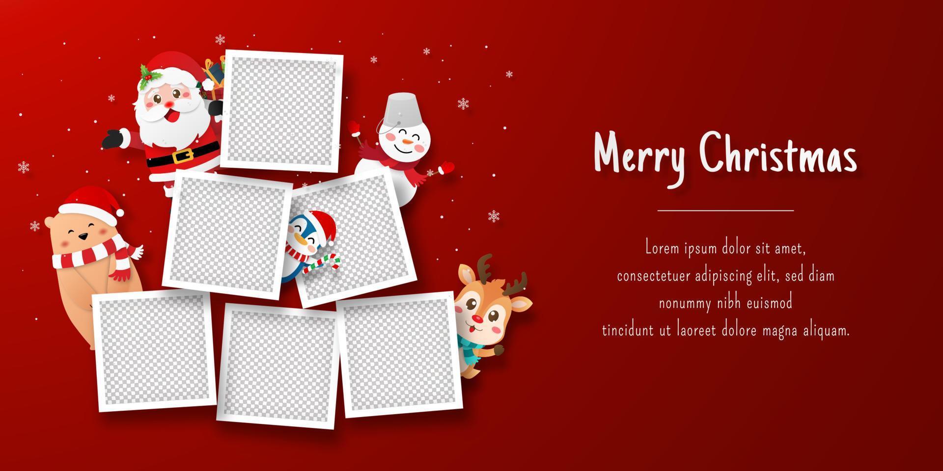 Banner de postal navideña de santa claus y renos con marco de fotos en blanco vector