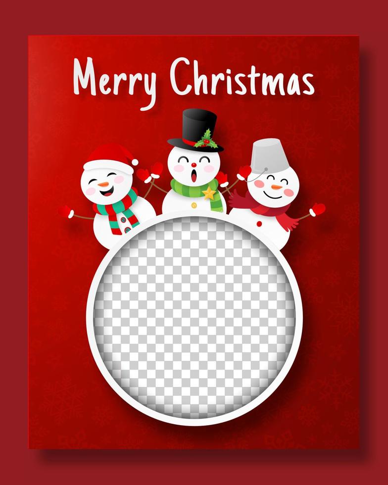 Christmas postcard of blank photo frame with three snowmans vector