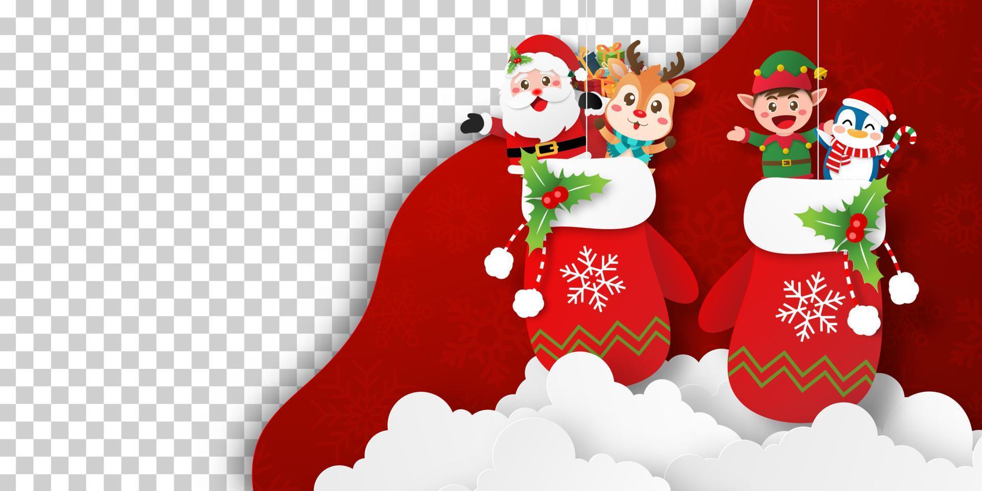 Christmas banner of Santa Claus and friend in Christmas glove with transparent background vector
