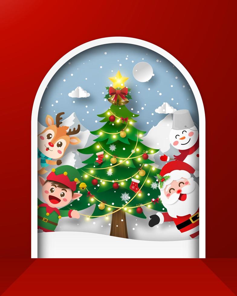 Christmas tree at the snow mountain with Santa Claus and friend vector