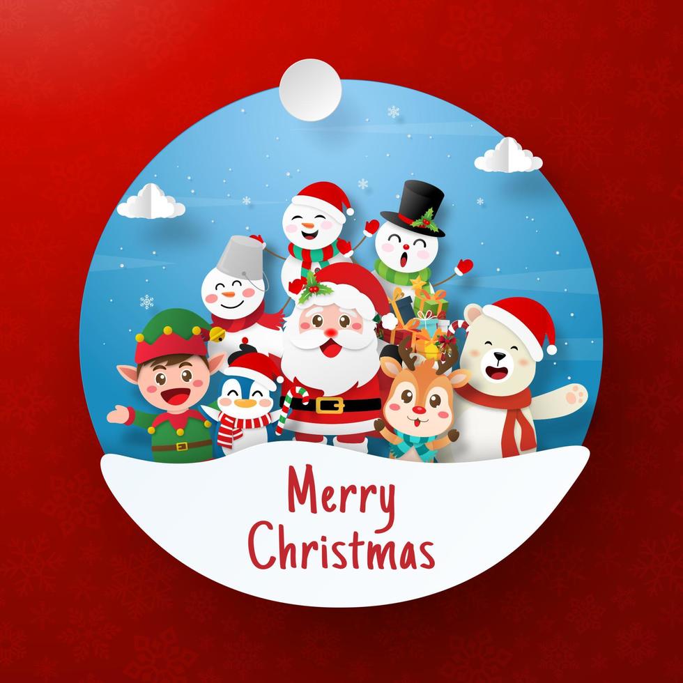 Merry Christmas with Santa Claus and friend in paper cut style vector