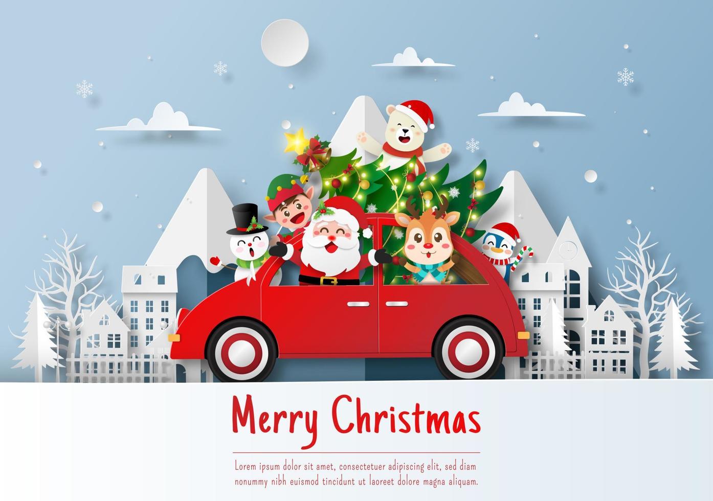 Santa Claus and friend with Xmas car in the village vector