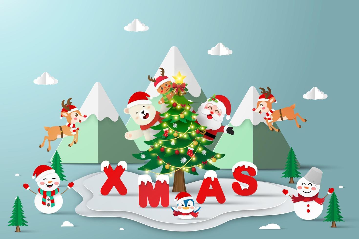 banner navideño de santa claus y muñeco de nieve en la montaña nevada, ilustración de corte de papel vector