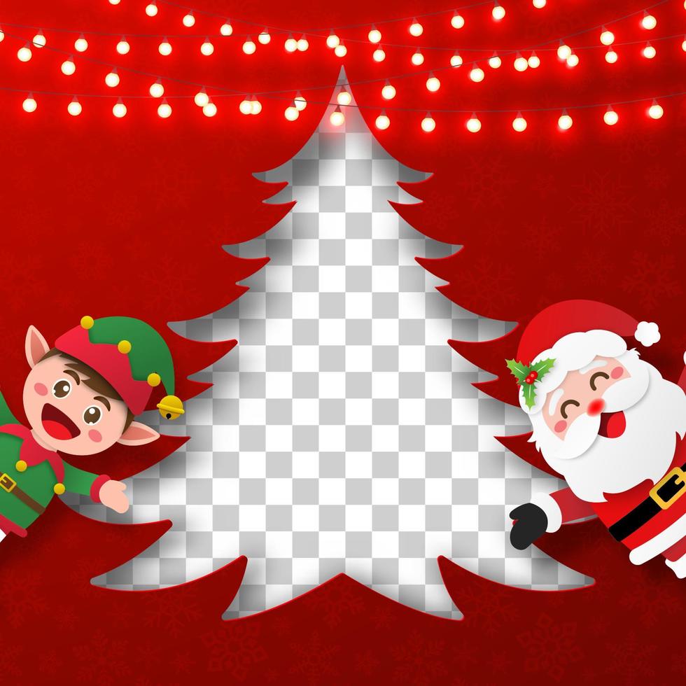 Transparent background Christmas tree frame with Santa Claus and elf, Merry Christmas vector