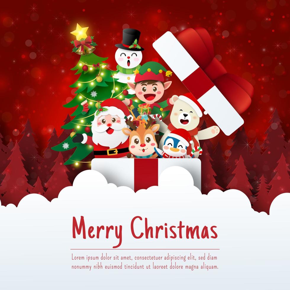Christmas postcard of Christmas gift box with Santa Claus and friend vector